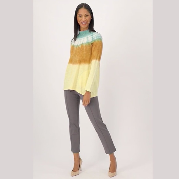 LOGO Lori Goldstein Yellow Green Tie Dye Long Sleeve T-Shirt Mock Neck SZ Small - Picture 1 of 12